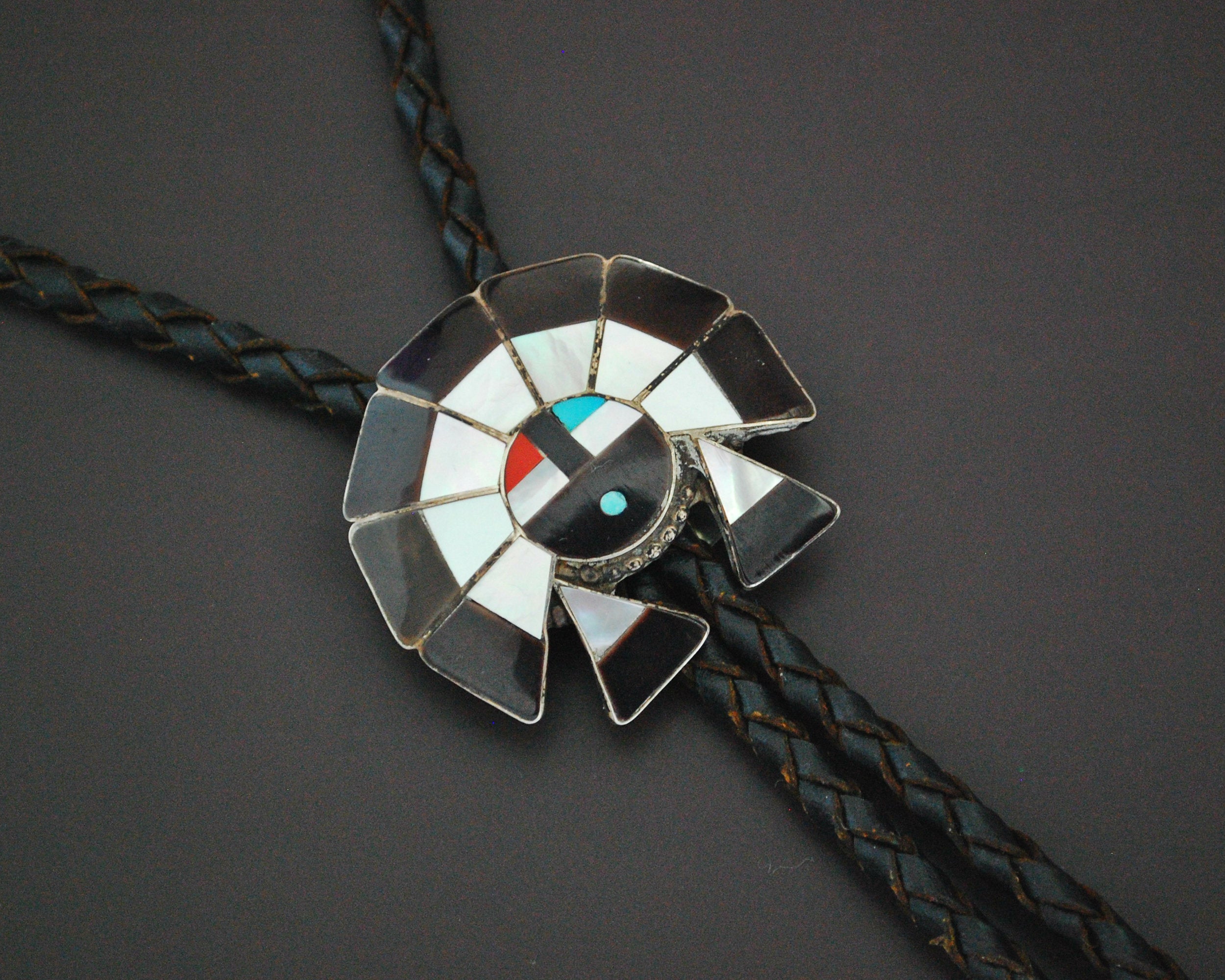 Zuni Sunface Multistone Inlay Bolo Tie