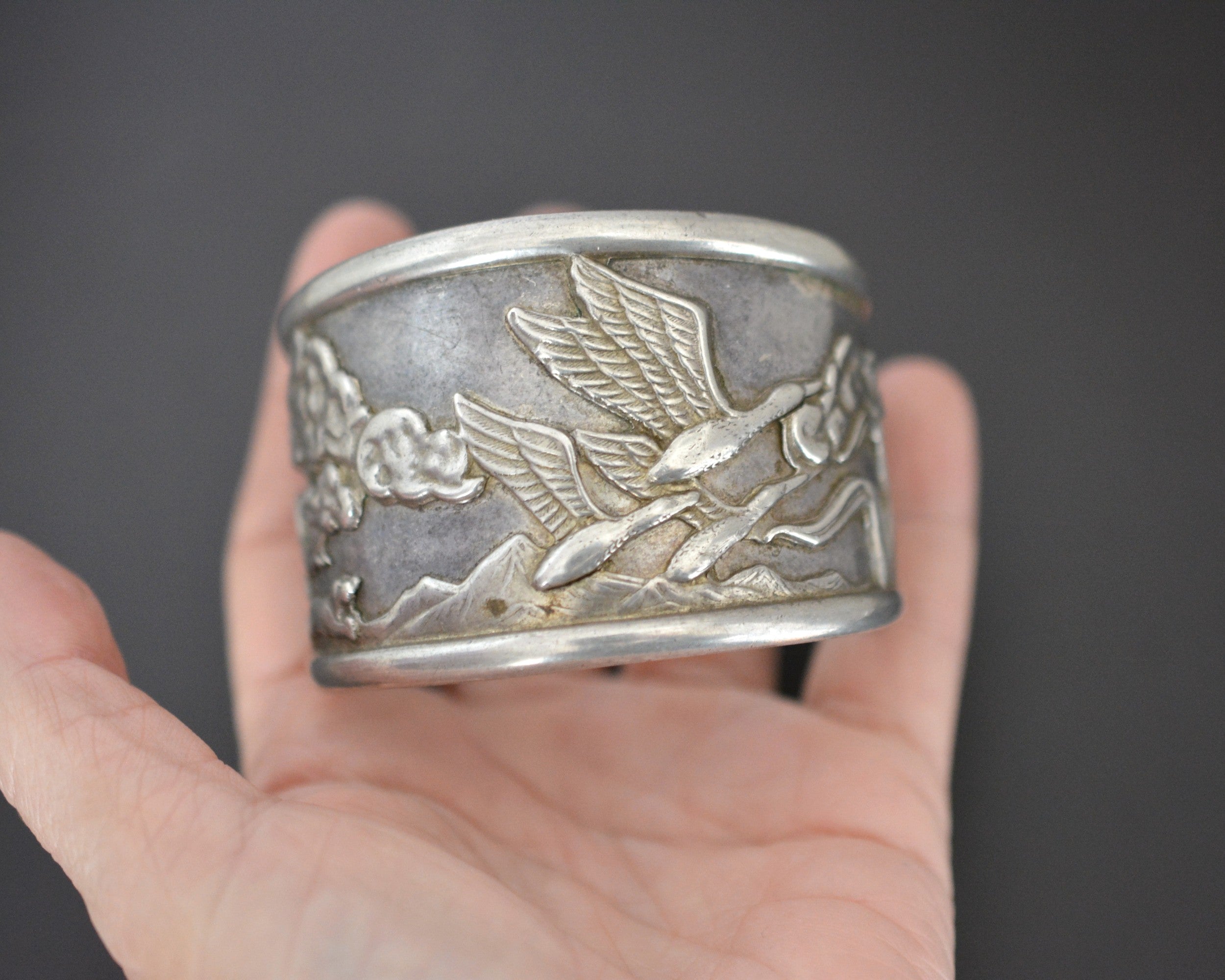 Ethnic Wide Cuff Bracelet with Nature and Cranes