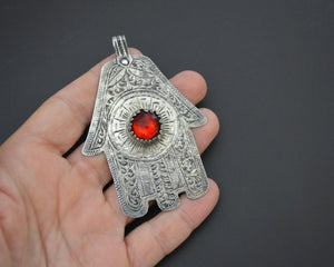 Large Hamsa Pendant with Red Glass