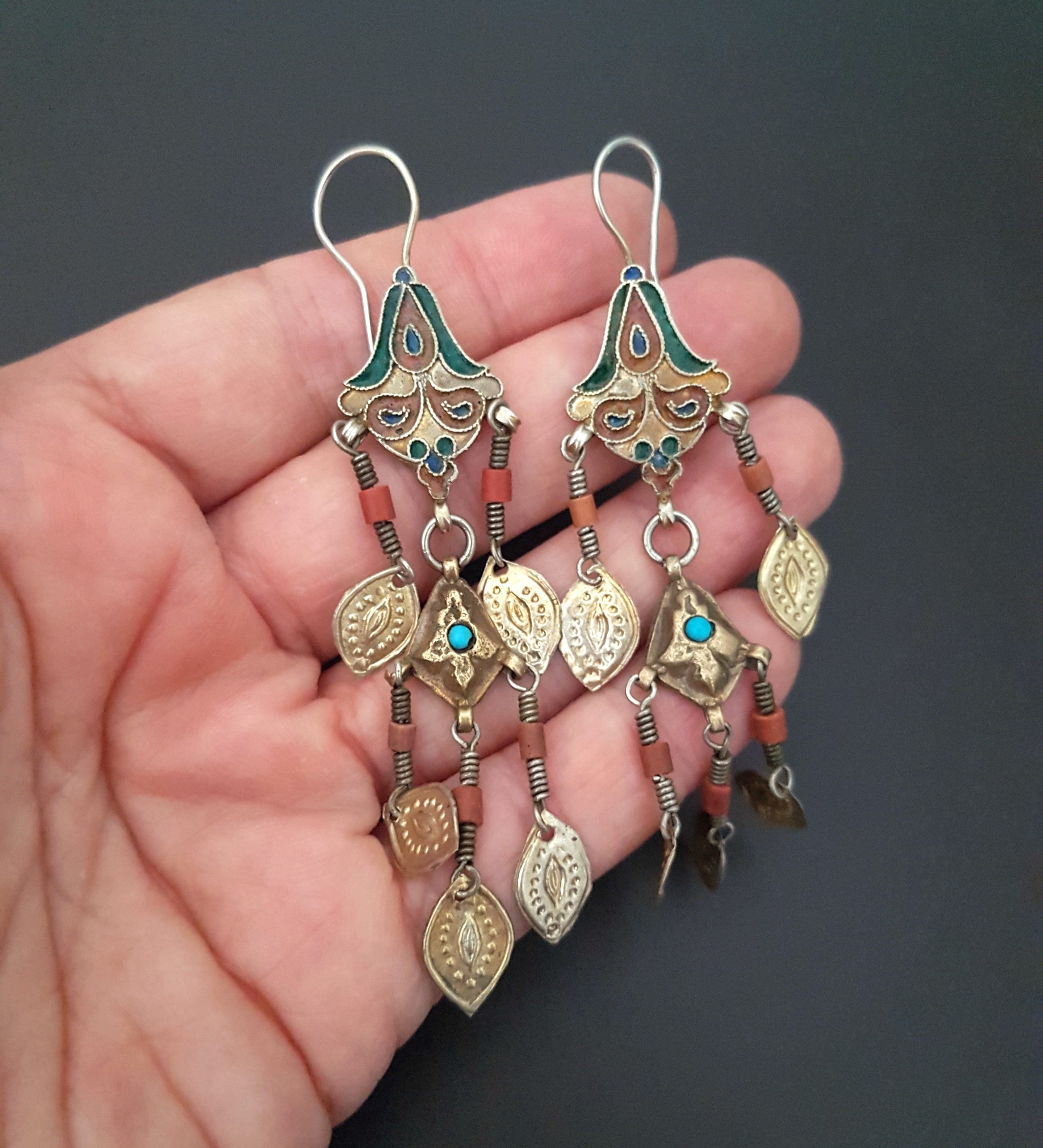 Gilded Uzbek Coral Turquoise Earrings with Enamel
