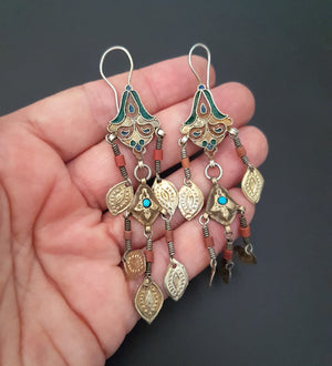 Gilded Uzbek Coral Turquoise Earrings with Enamel