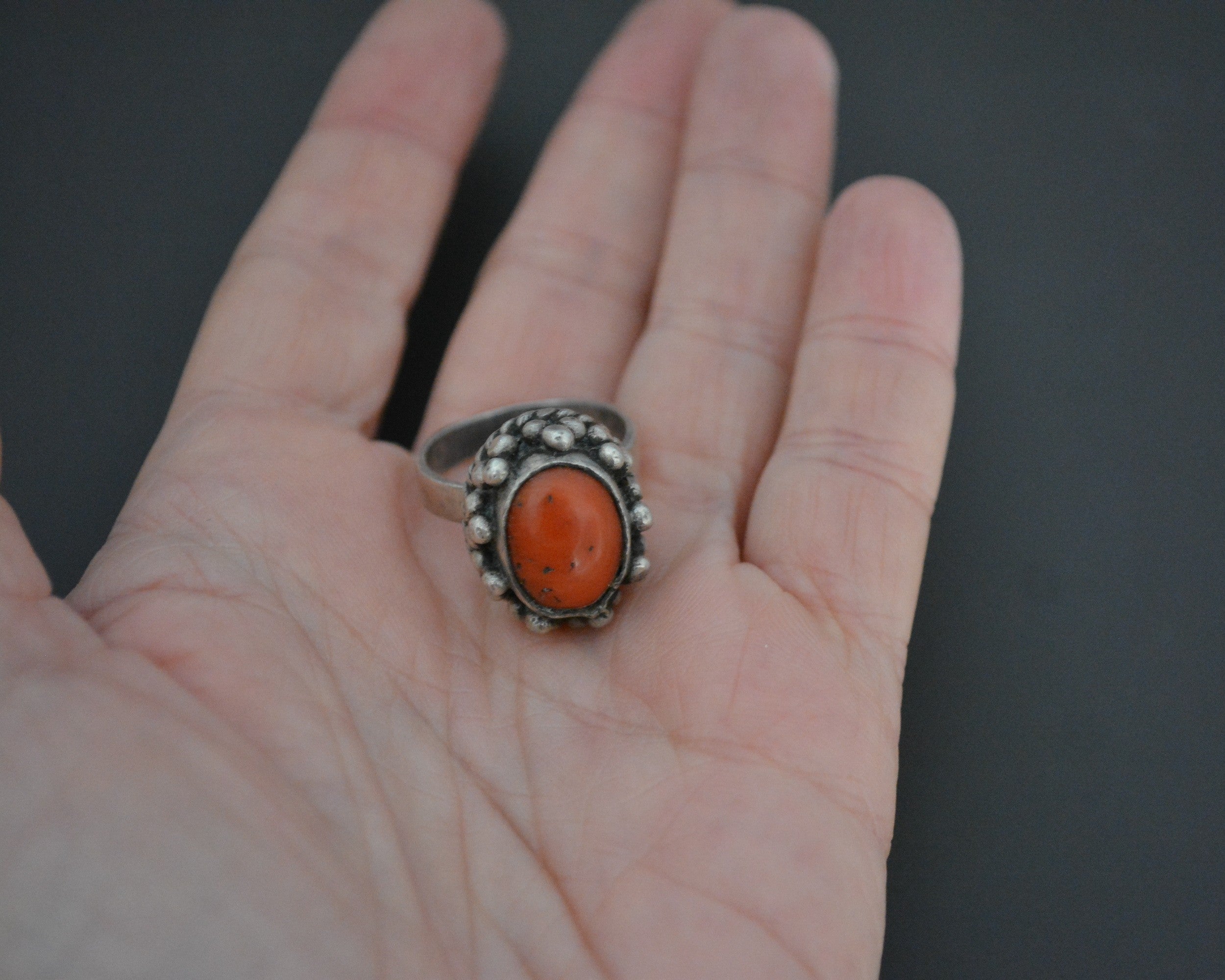 Vintage Nepali or Tibetan Coral Ring - Size 8