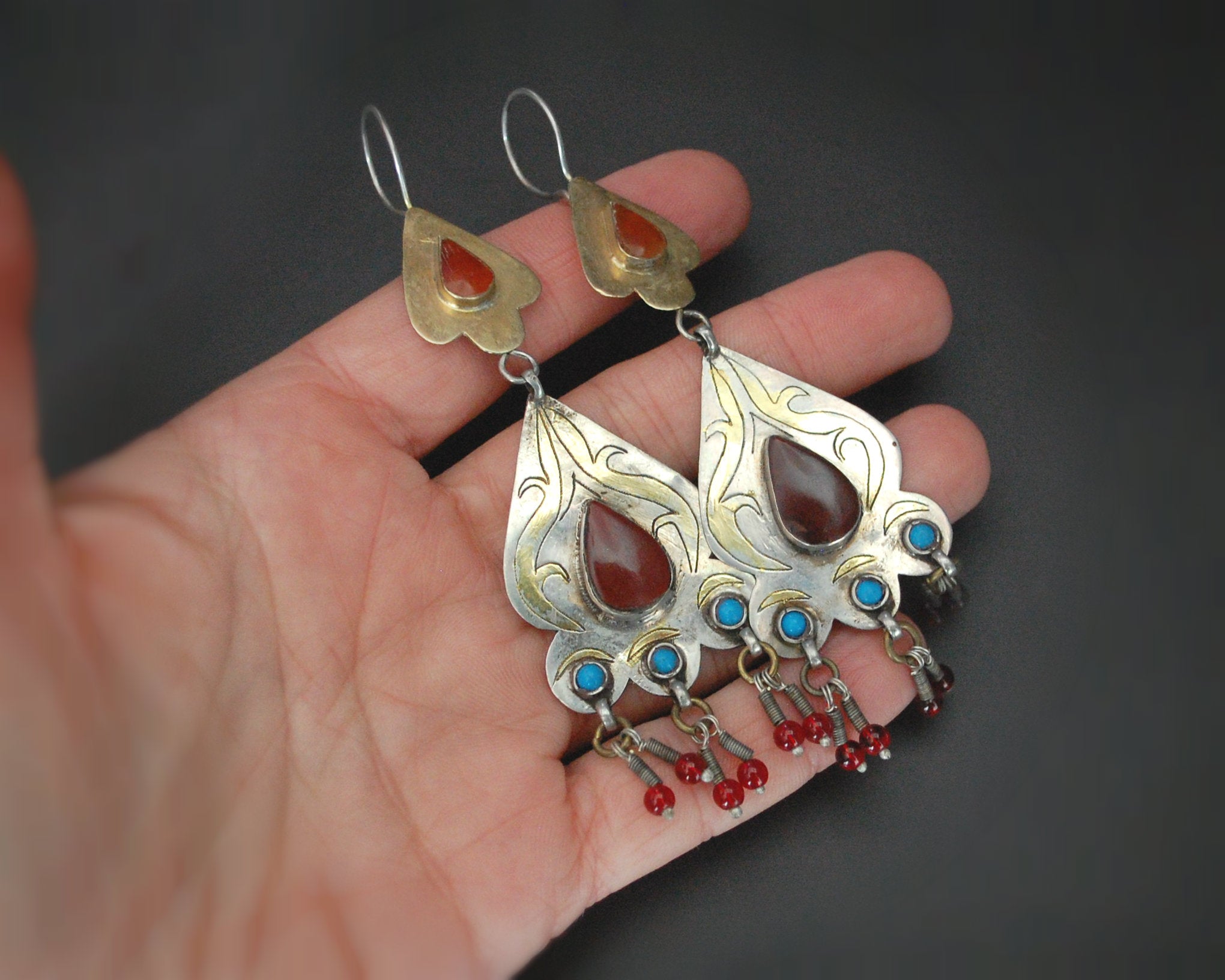 Turkmen Gilded Earrings with Carnelian and Turquoise