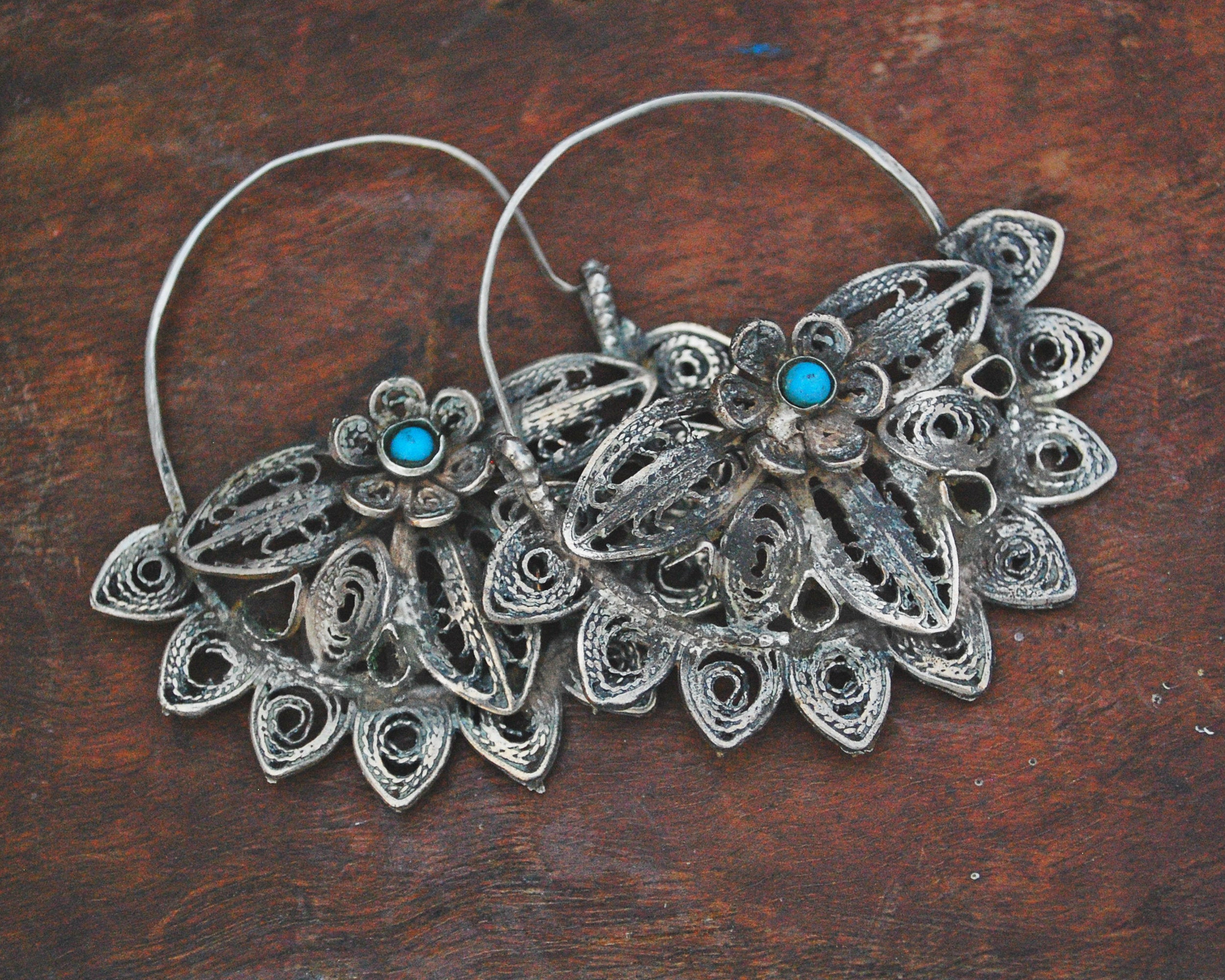 Uzbek Filigree Turquoise Hoop Earrings
