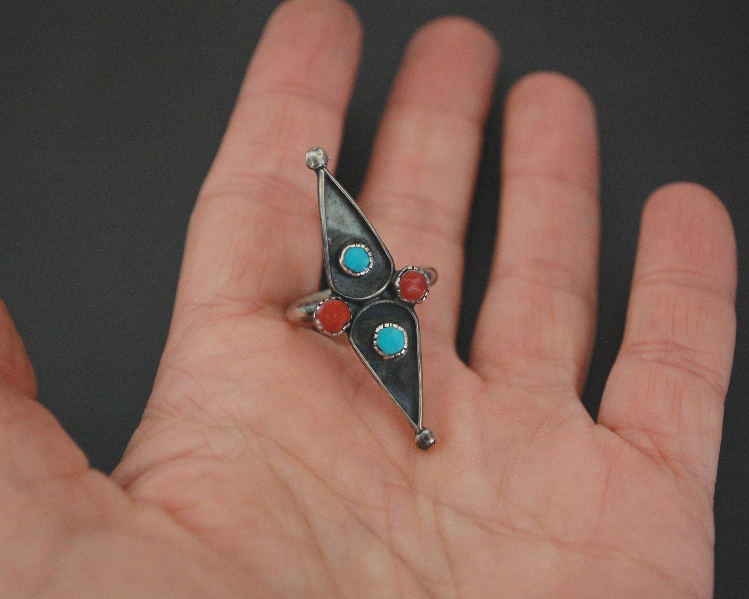 Native American Coral Turquoise Ring - Size 8