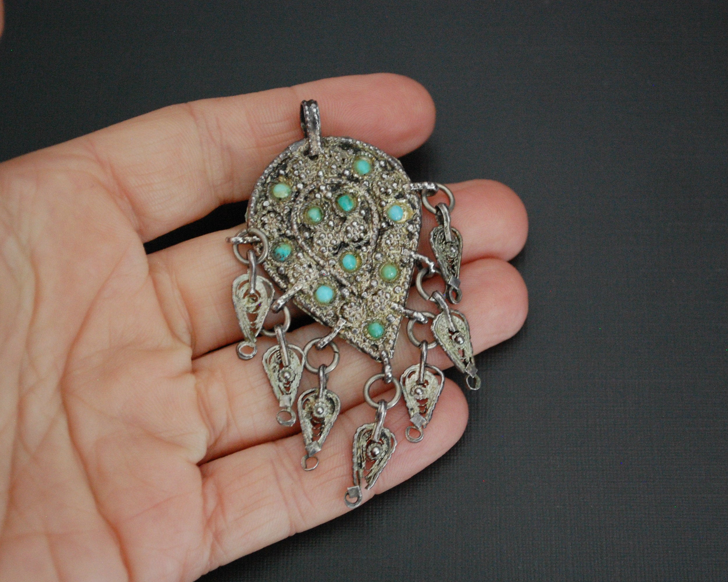 Yemeni Filigree Pendant Brooch with Turquoises