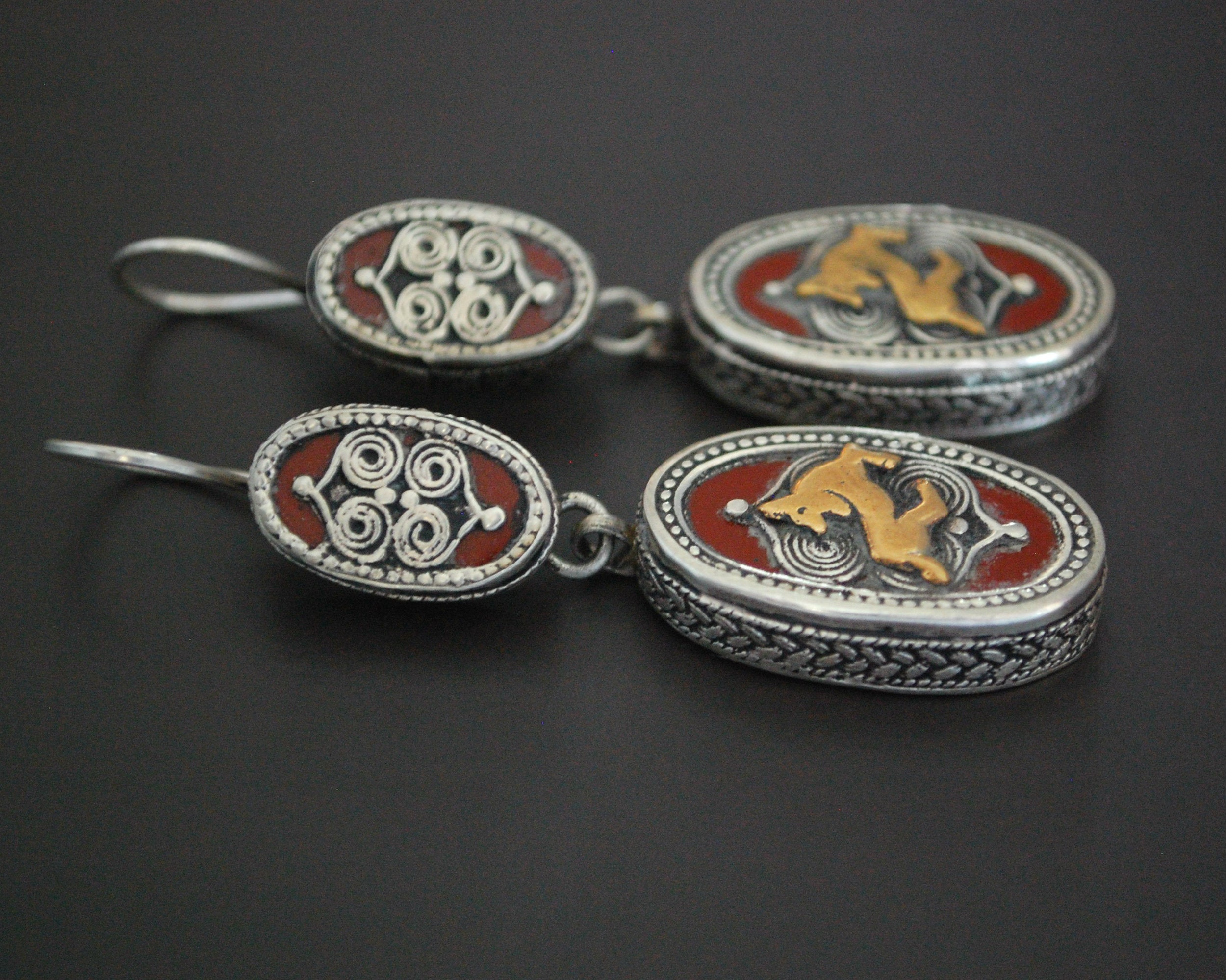 Vintage Kazakh Silver Gilded Earrings with Deer