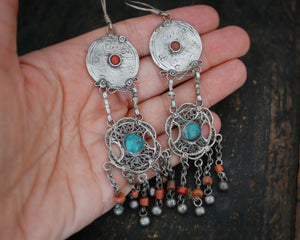 Long Uzbek Coral Turquoise Filigree Earrings