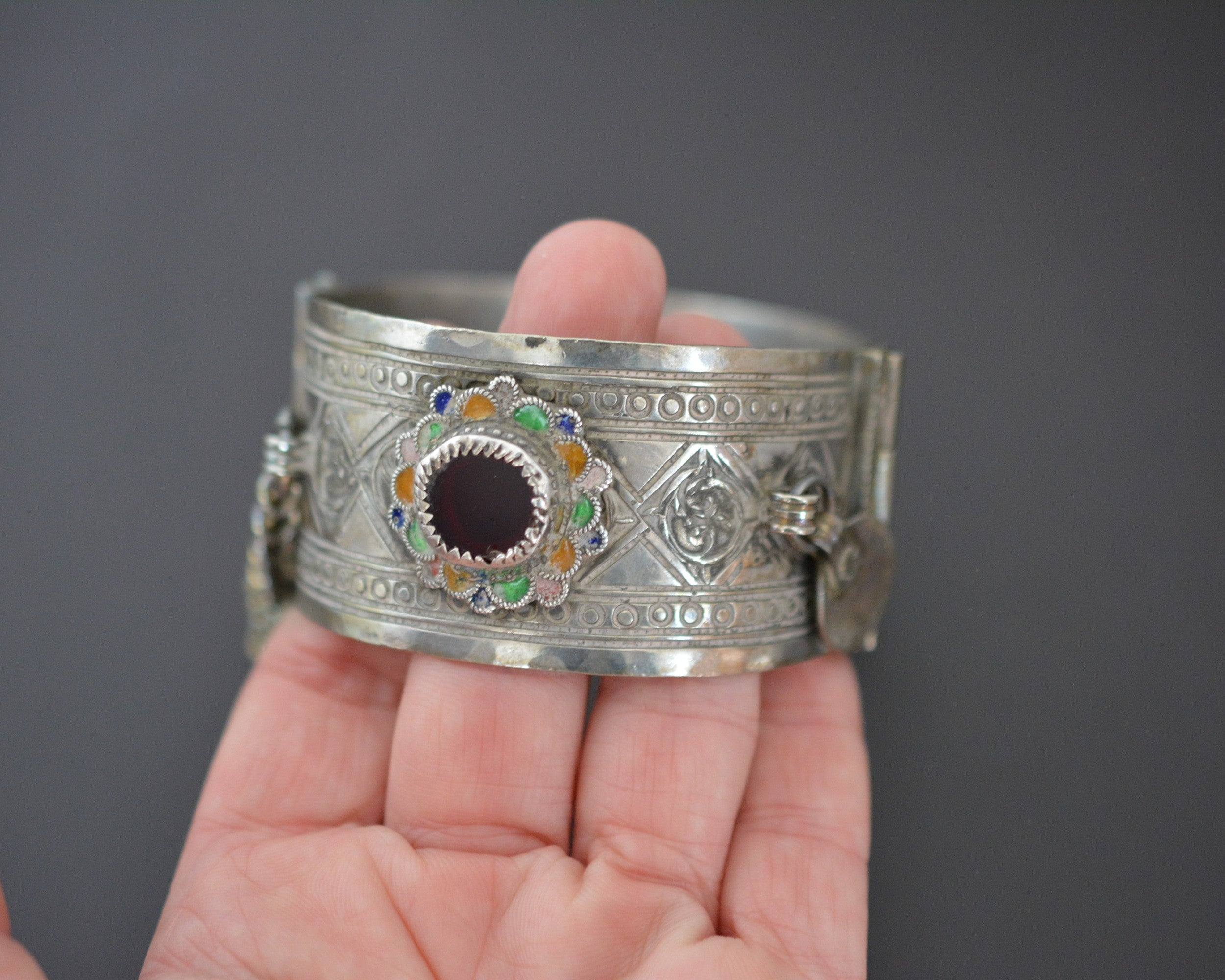 Berber Hinged Enamel Bracelet with Glass and Coins