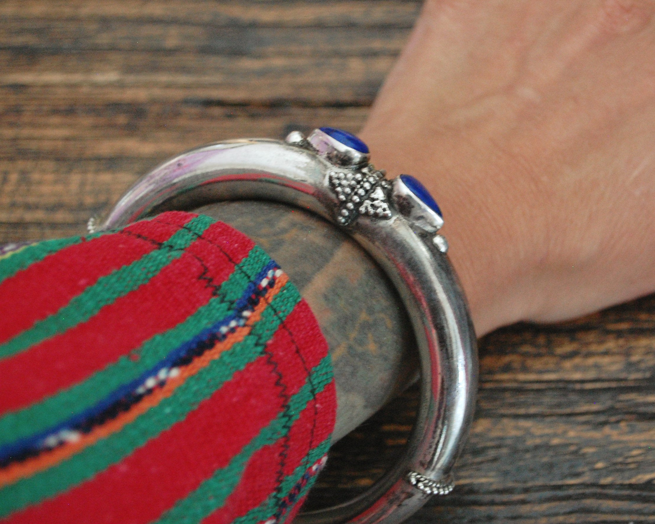 Large Indian Silver Bracelet with Lapis Lazuli