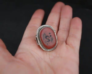 Afghani Carnelian Intaglio Ring with Crescent Moon - Size 7.5