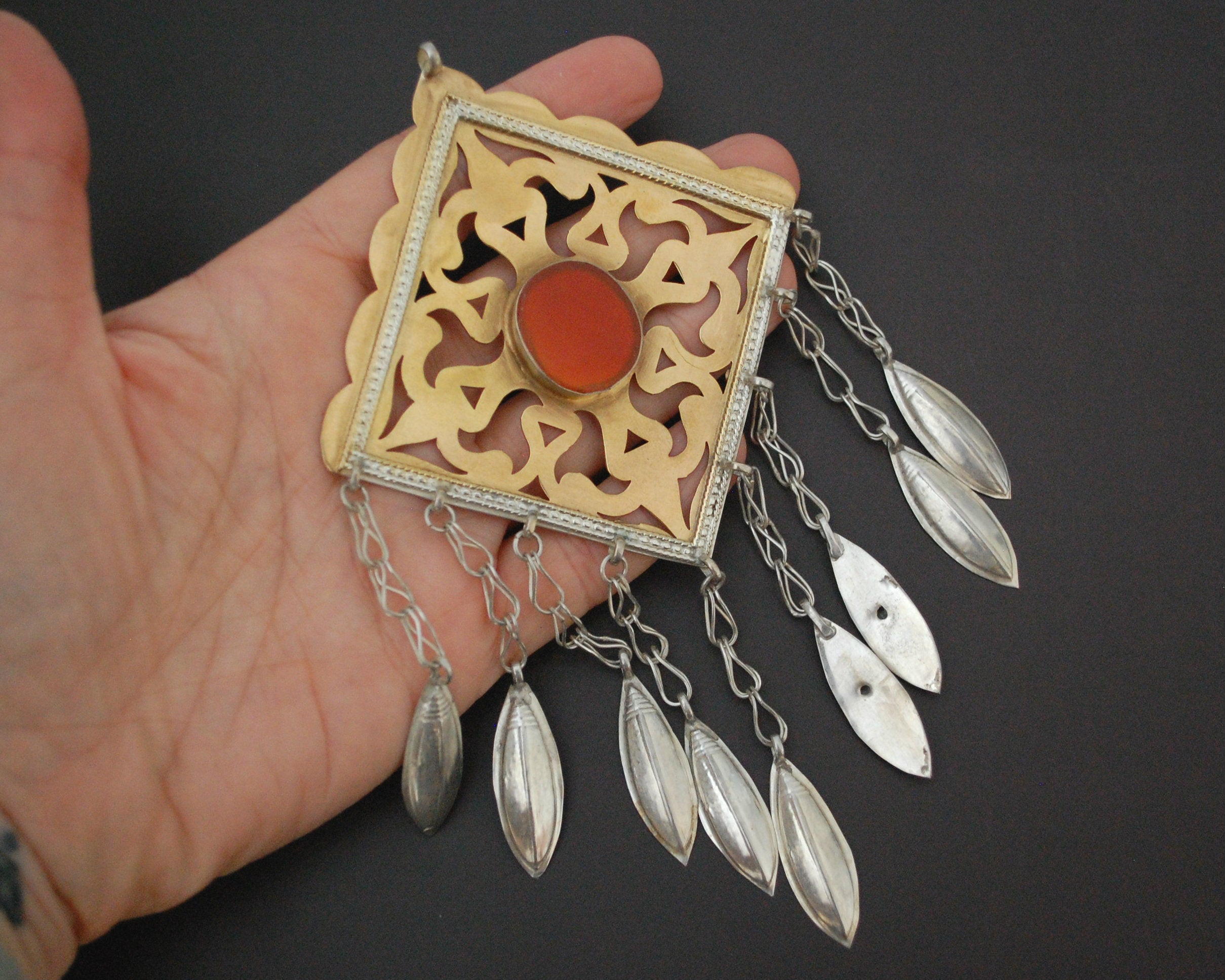 Antique Turkmen Pendant with Carnelian and Dangles