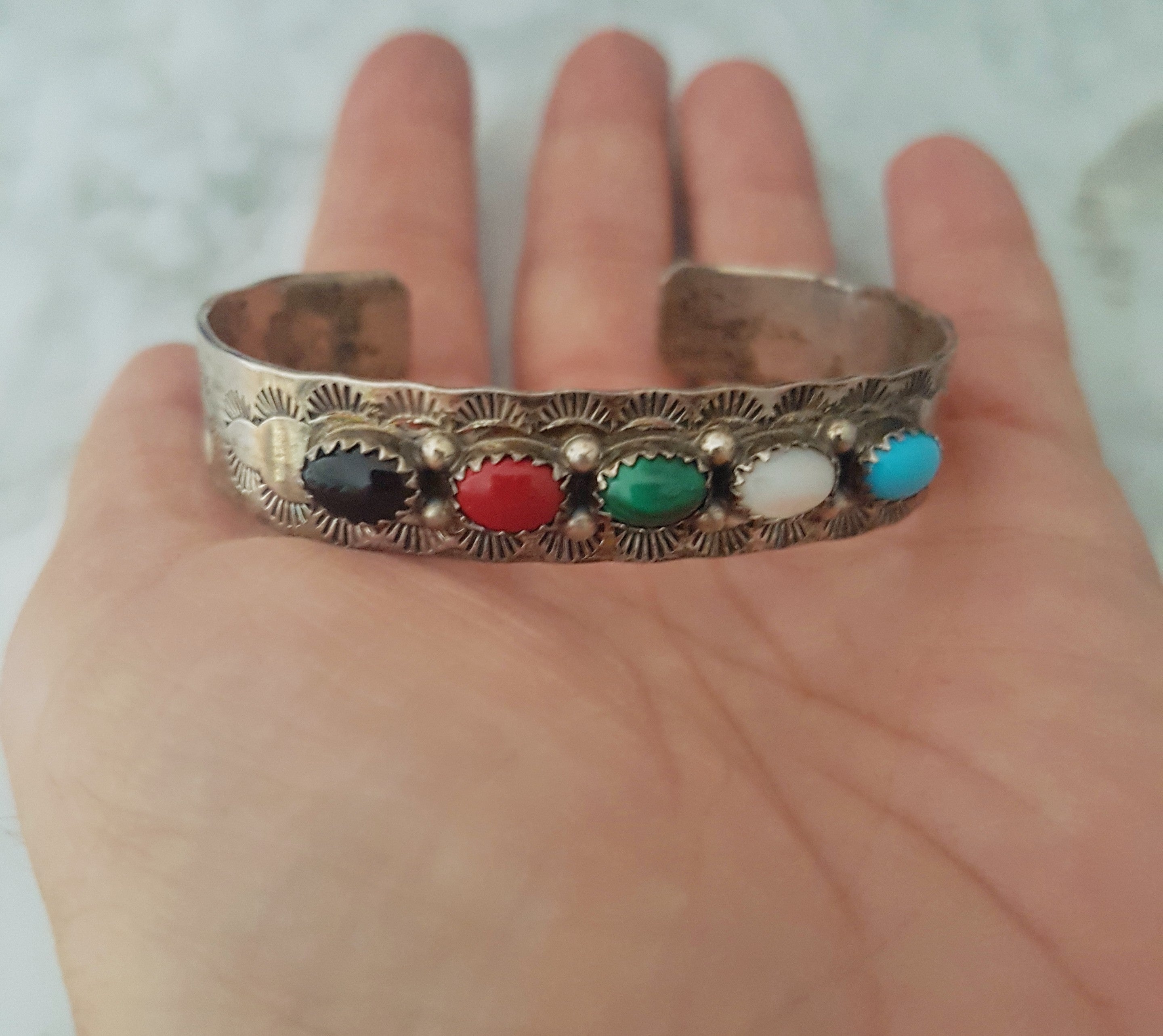 Native American Multistone Cuff Bracelet - Signed - Size S