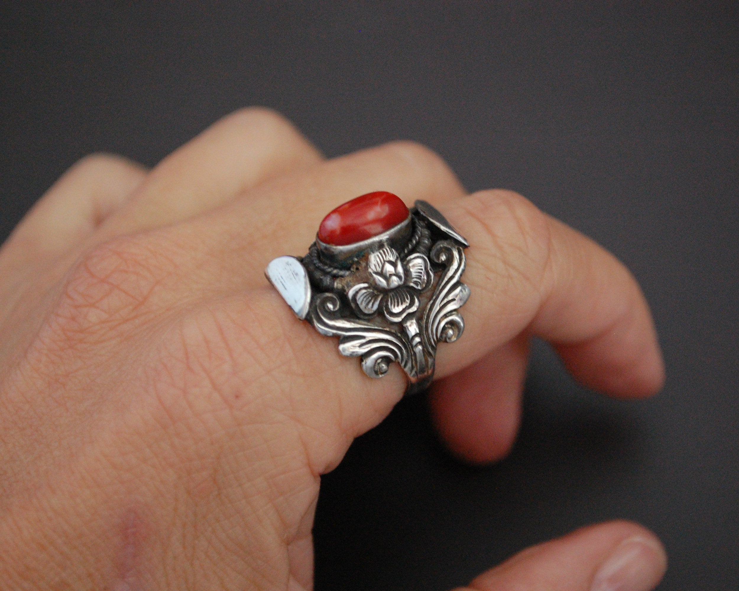 Nepali Coral Saddle Ring - Size 7.5