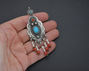 Gorgeous Uzbek Turquoise, Pearl and Coral Pendant