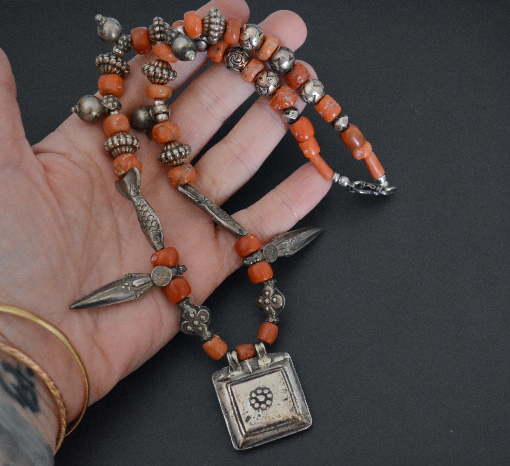 Old Coral Silver Necklace from India
