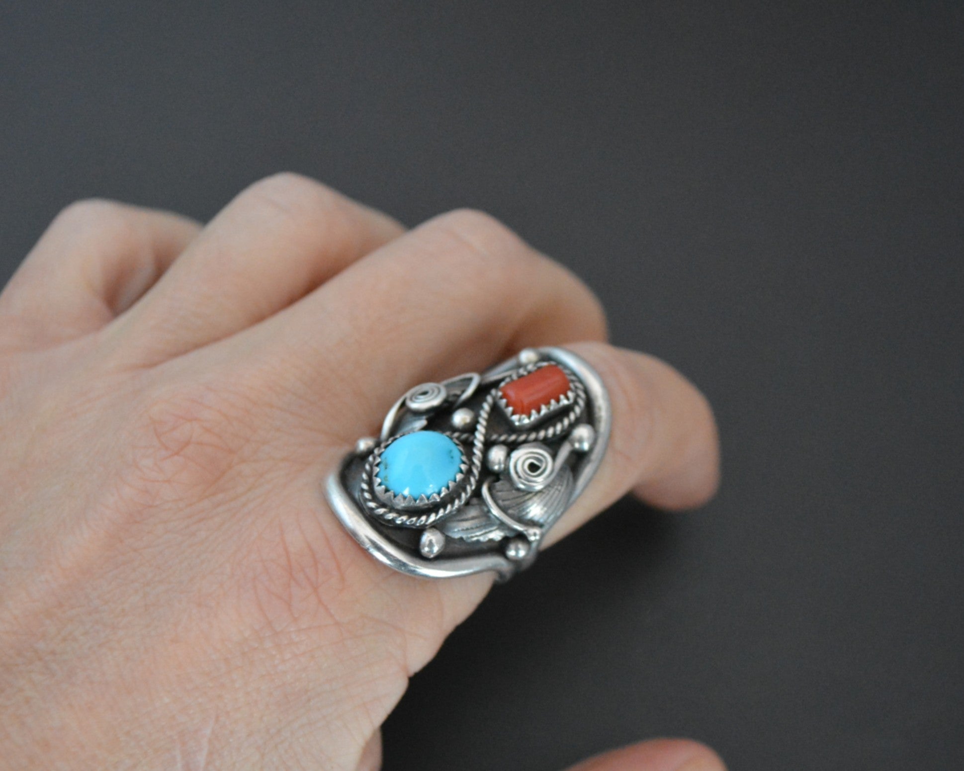 Native American Navajo Coral Turquoise Ring - Size 8.5