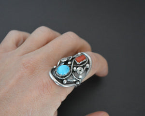 Native American Navajo Coral Turquoise Ring - Size 8.5