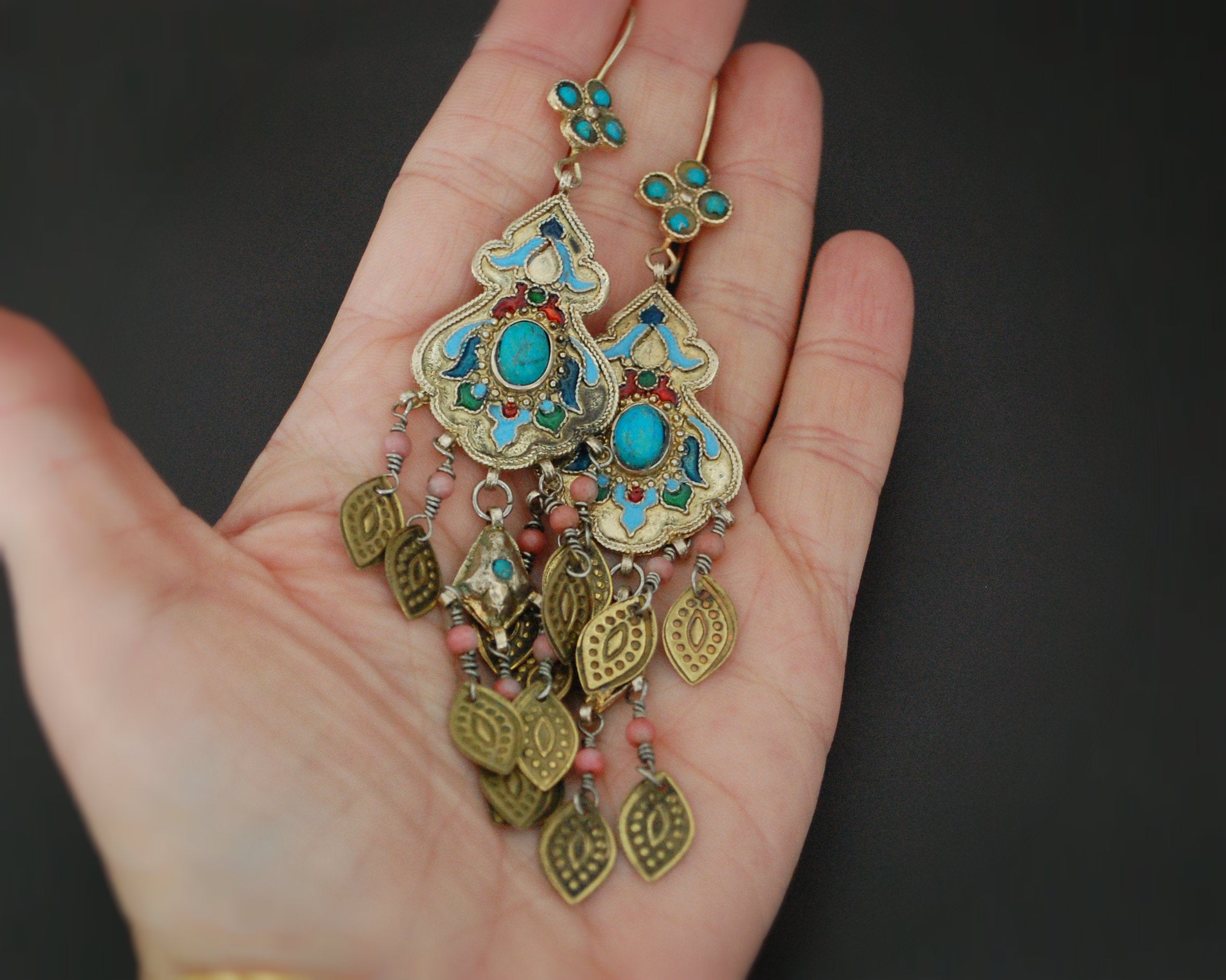 Gilded Uzbek Coral Turquoise Earrings with Enamel