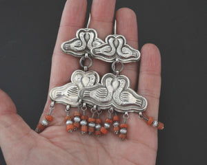 Long Uzbek Coral Earrings with Bird