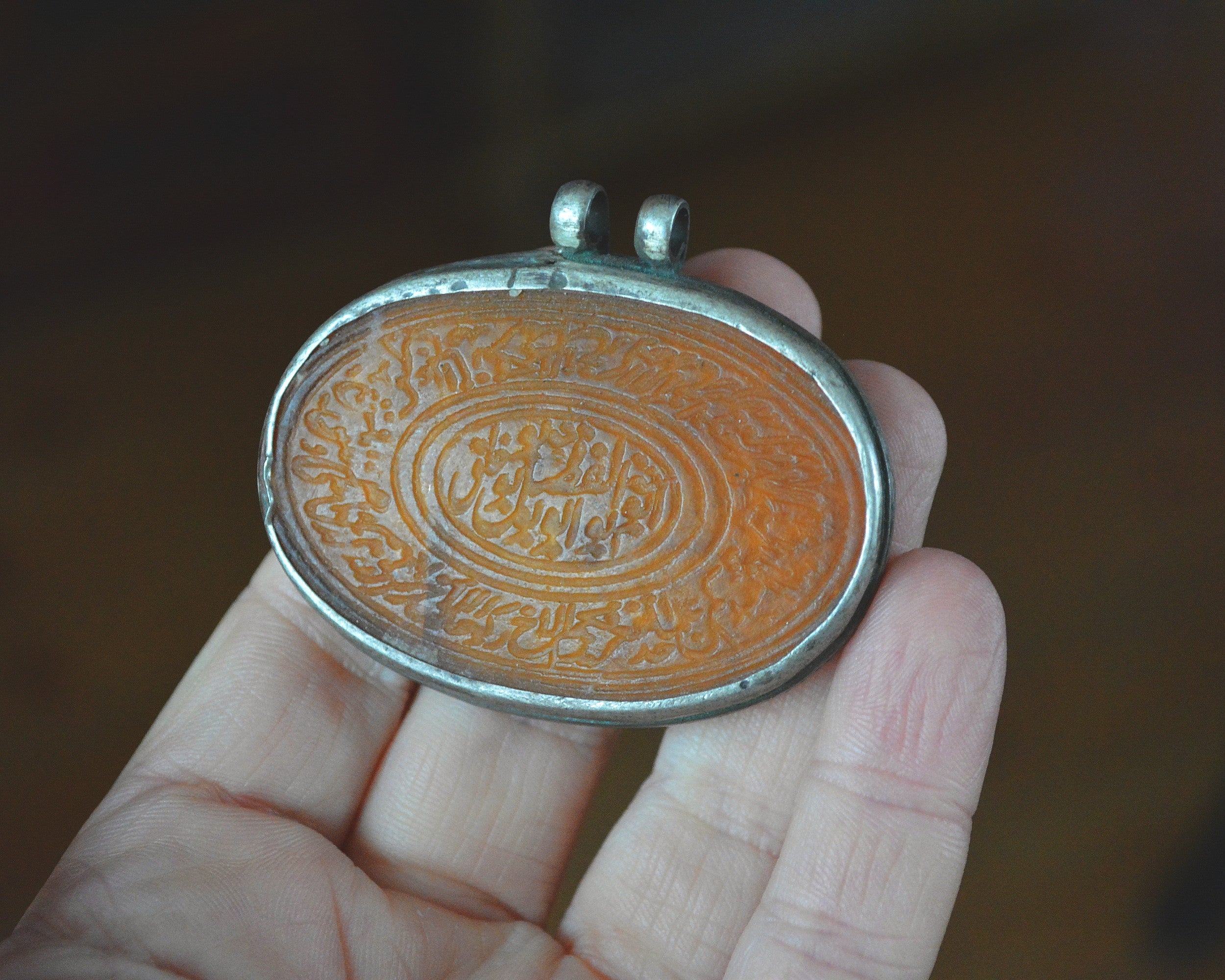 Old Carved Agate Pendant with Silver Setting