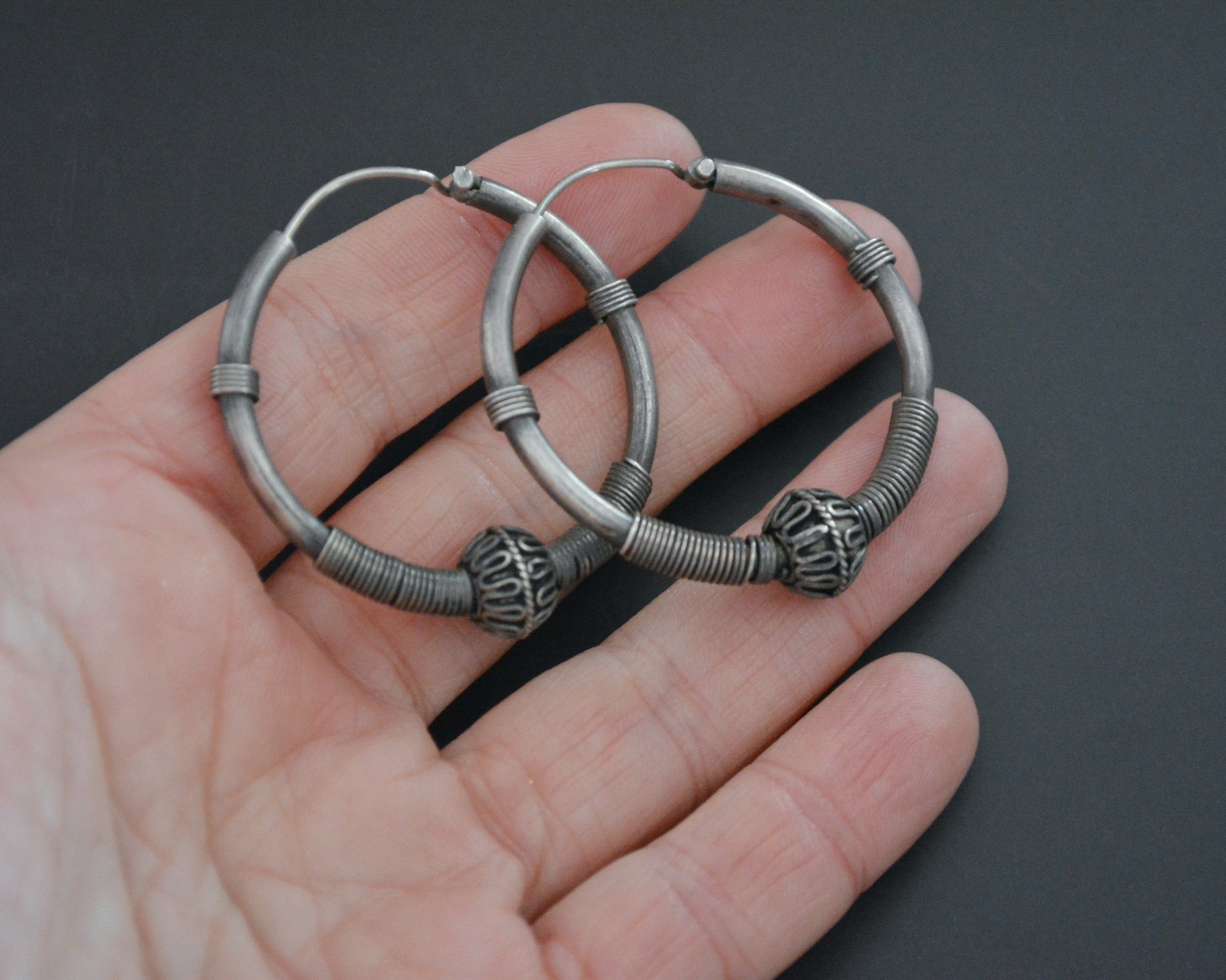 Ethnic Bali Hoop Earrings with Wire Work and Bead - Medium/Large