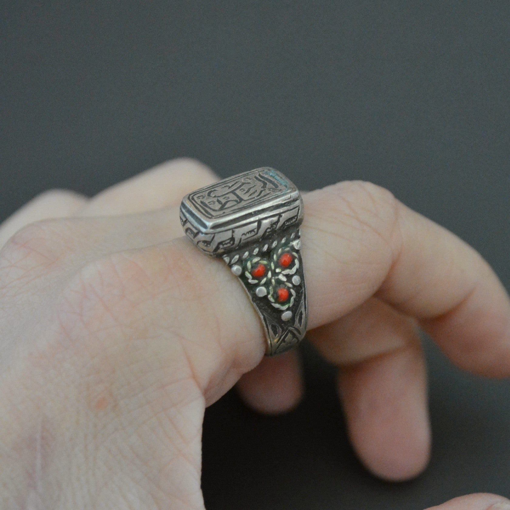 Afghani Ring with Red Glass - Size 8.5