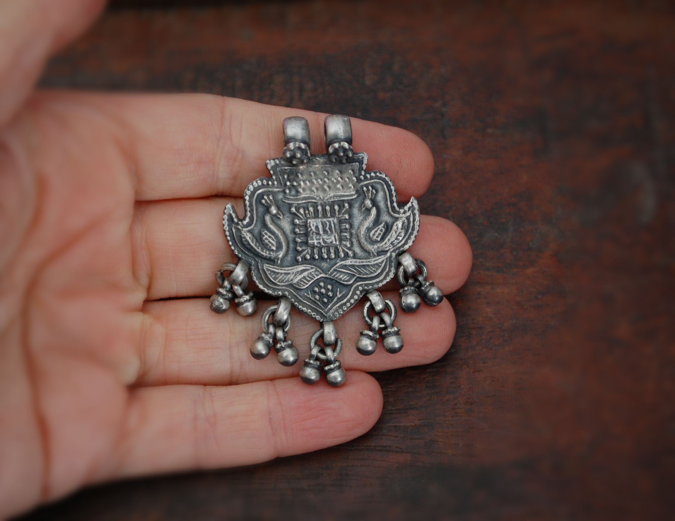 Rajasthani Peacock Silver Amulet with Bells