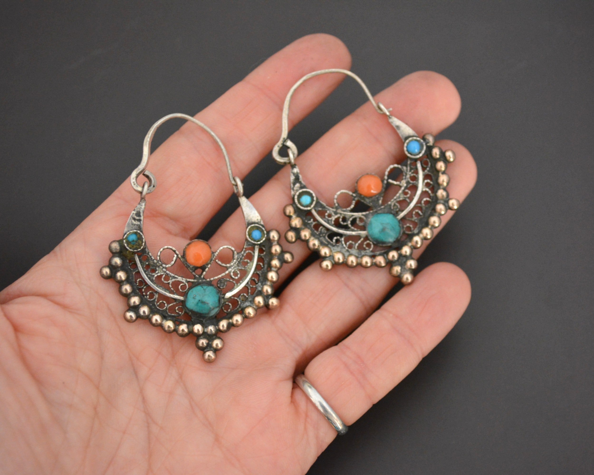 Afghani Hoop Earrings with Turquoise and Coral