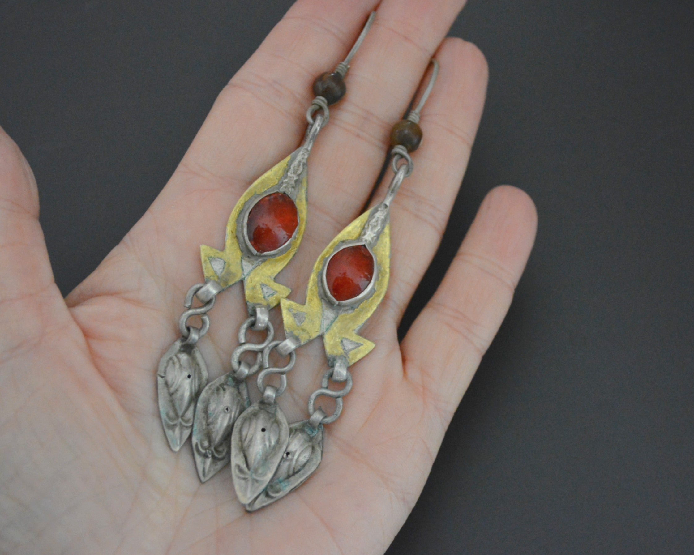 Long Turkmen Gilded Dangle Earrings with Glass