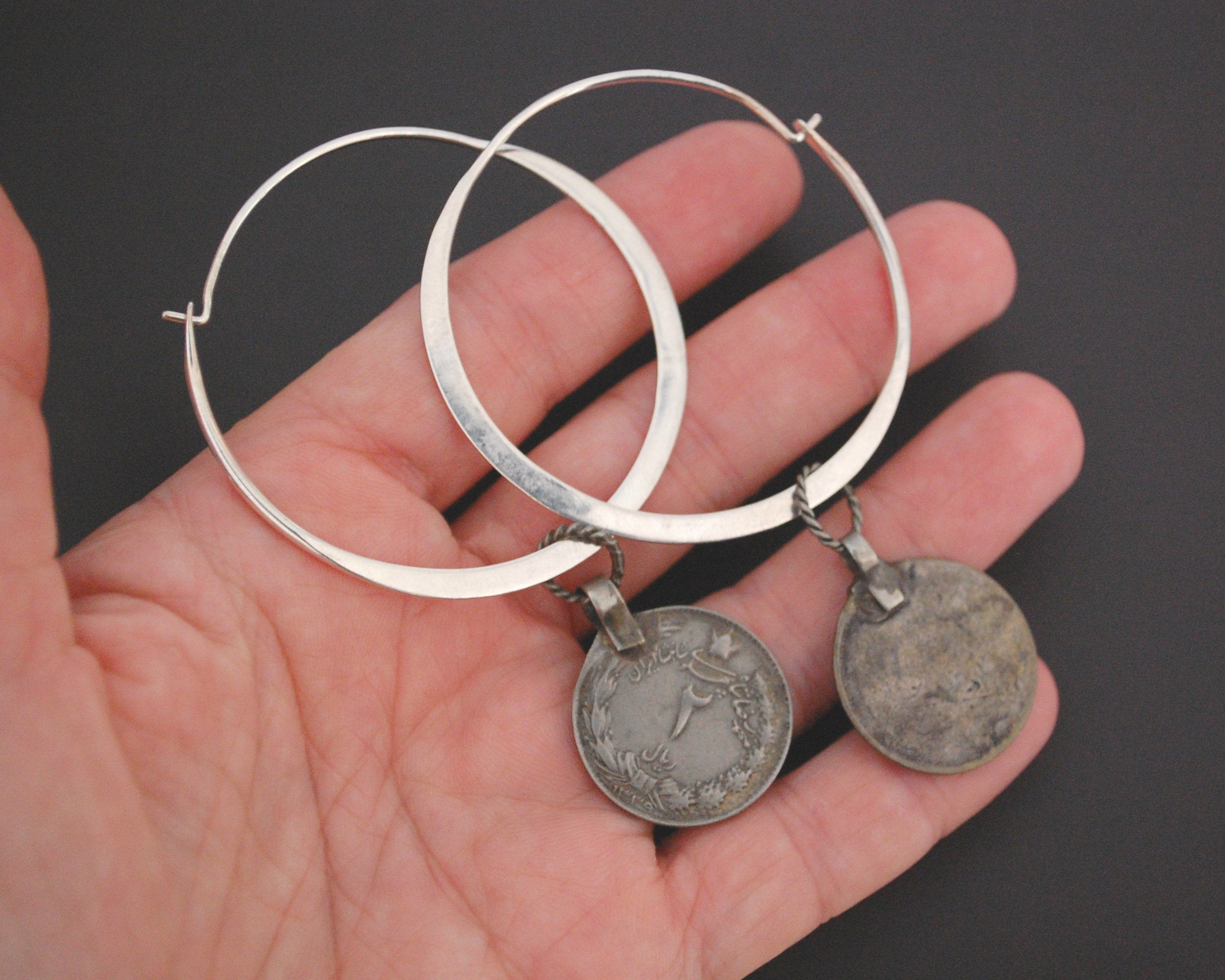 Large Sterling Silver Hoop Earrings with Old Coin