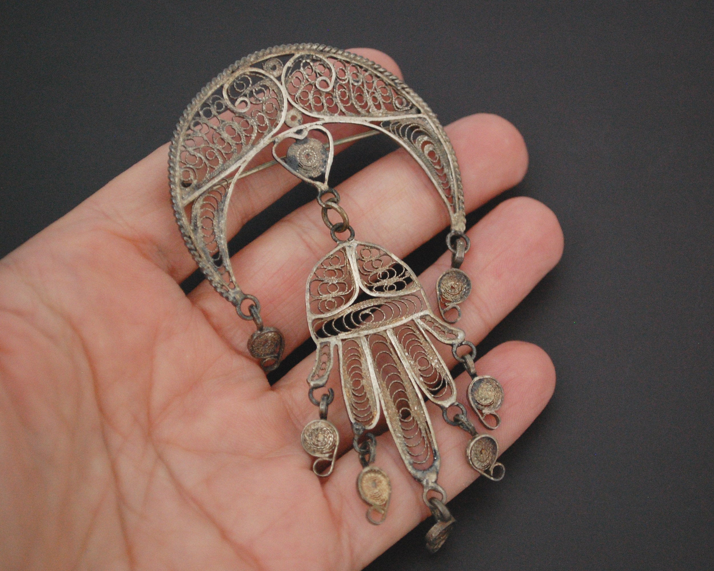 Tunisian Filigree Crescent and Hand of Fatima Brooch
