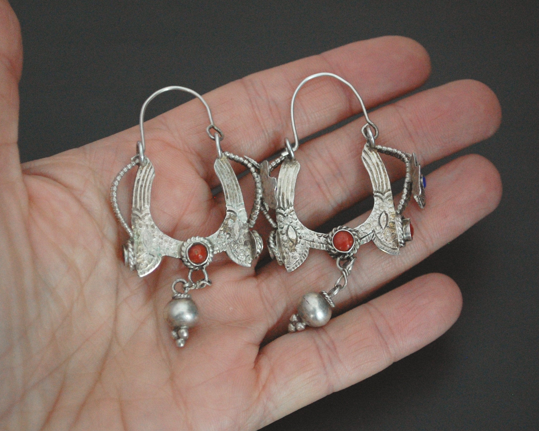 Tibetan Butterfly Lapis Lazuli and Coral Earrings