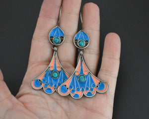 Pretty Turkmen Earrings with Enamel and Turquoise