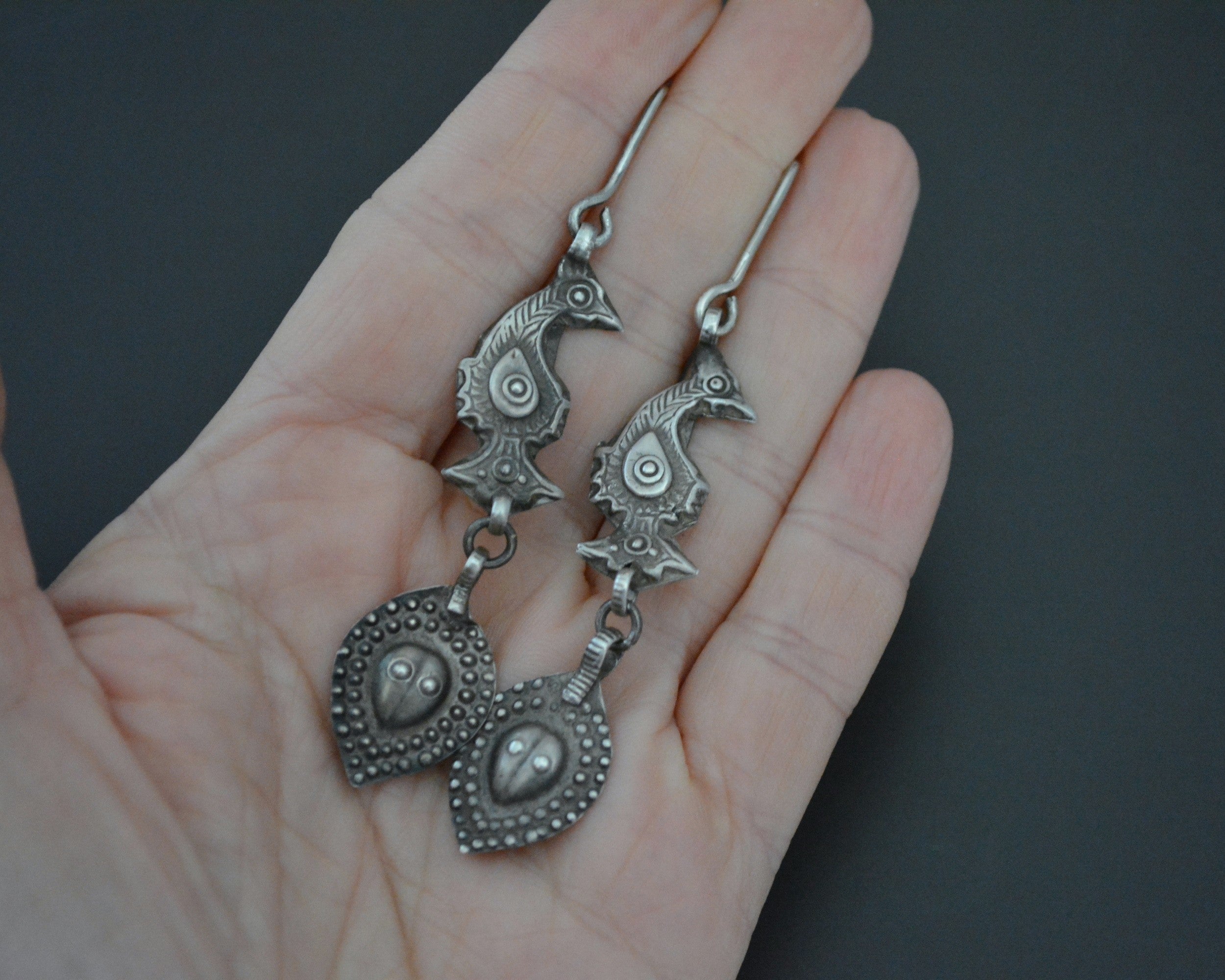 Old Uzbek Silver Dangle Earrings with Animal