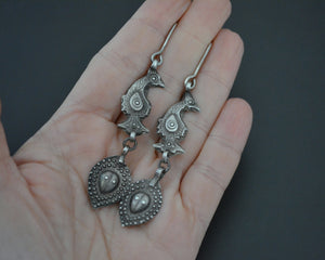 Old Uzbek Silver Dangle Earrings with Animal