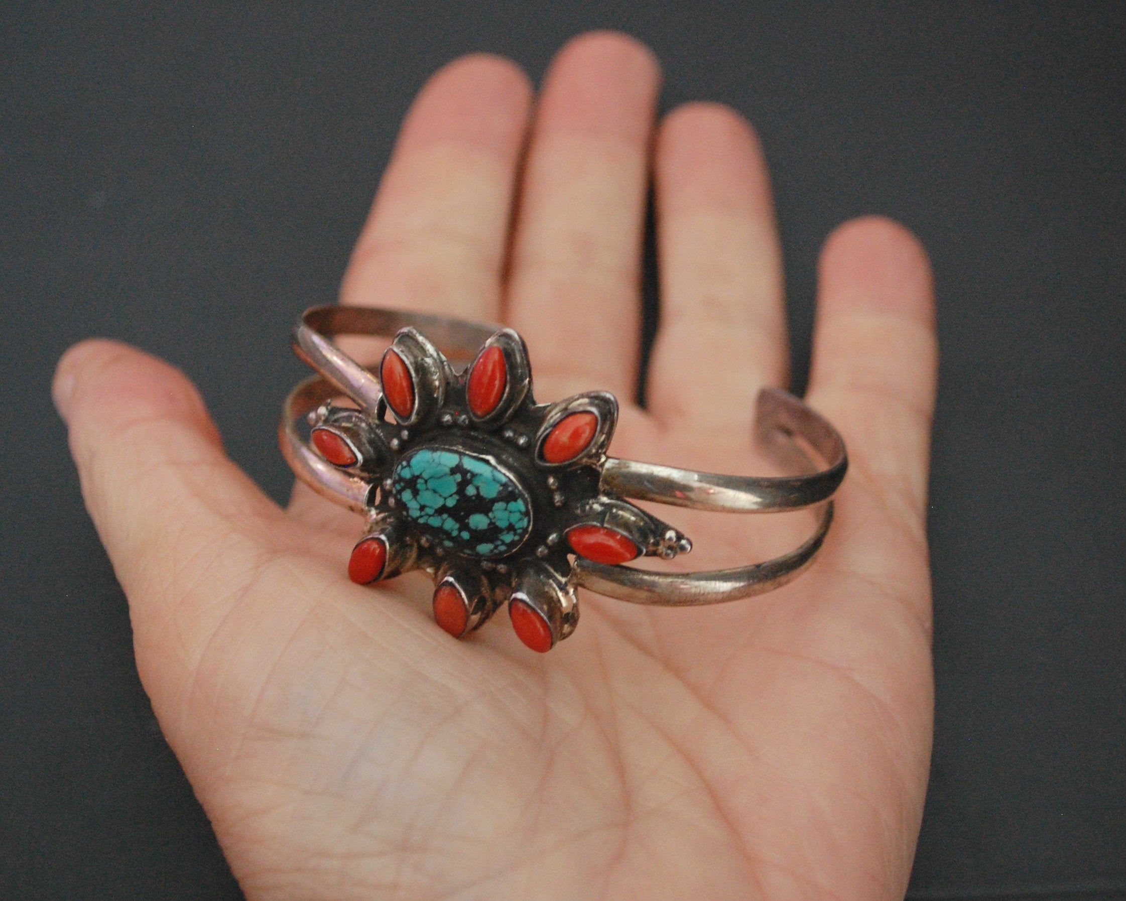Nepali Coral and Turquoise Cuff Bracelet
