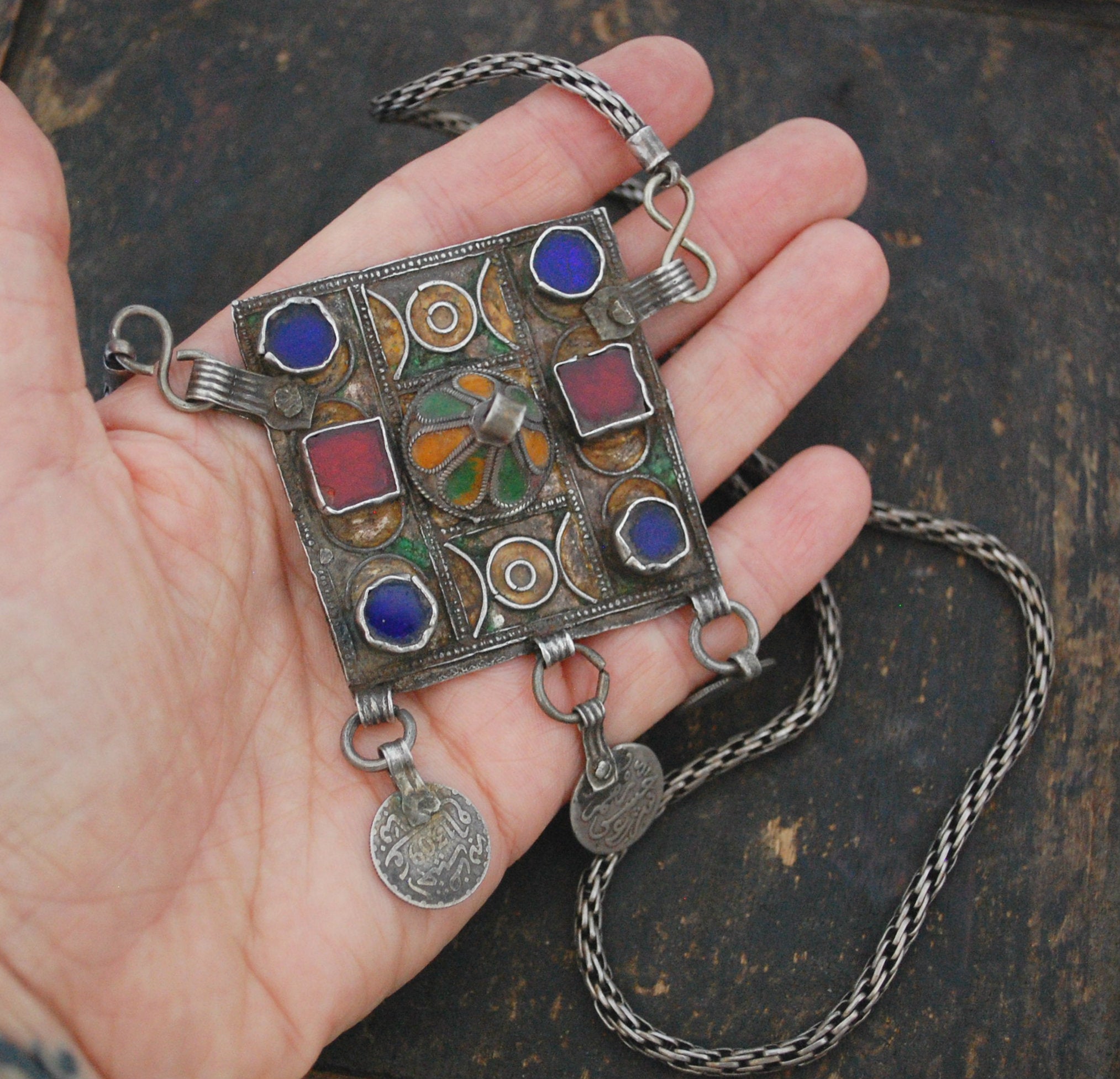 Old Berber Enamel Hirz Pendant with Coins on Silver Chain
