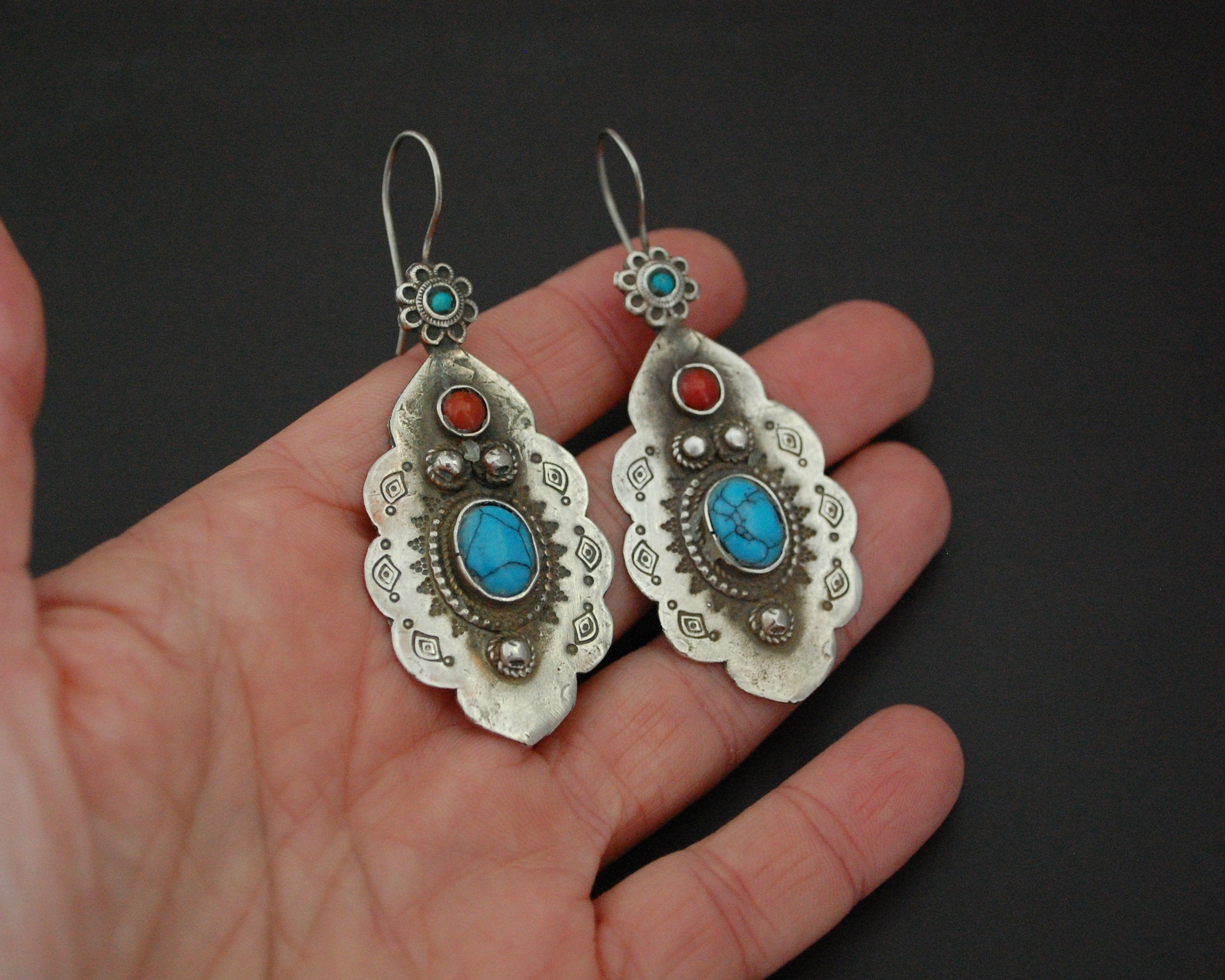 Turkmen Earrings with Coral and Turquoise