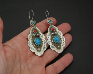Turkmen Earrings with Coral and Turquoise