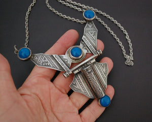 Tuareg Blue Beads Carved Pendant Necklace