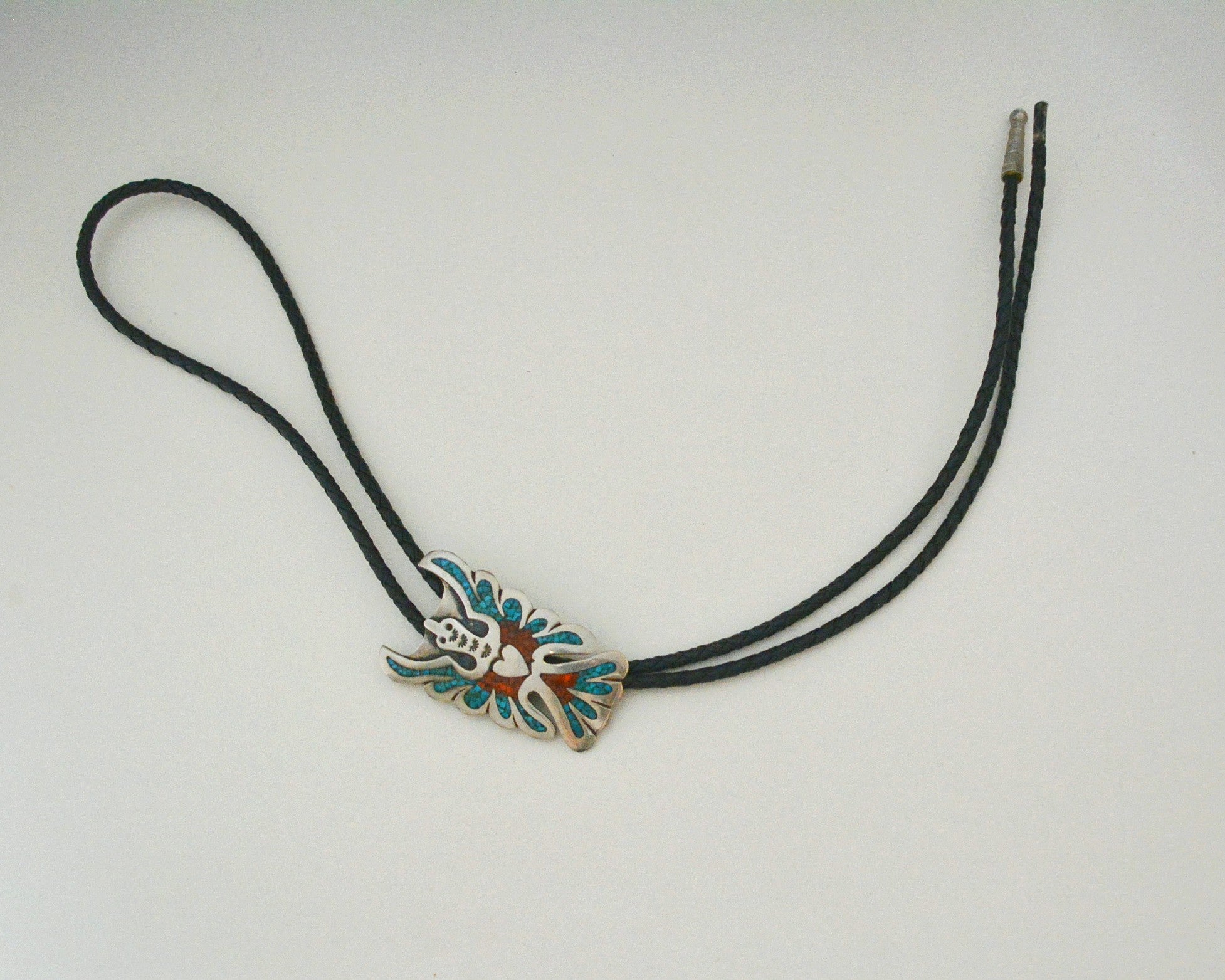 Thunderbird Turquoise Coral Inlay Bolo Tie - Signed