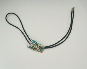 Thunderbird Turquoise Coral Inlay Bolo Tie - Signed