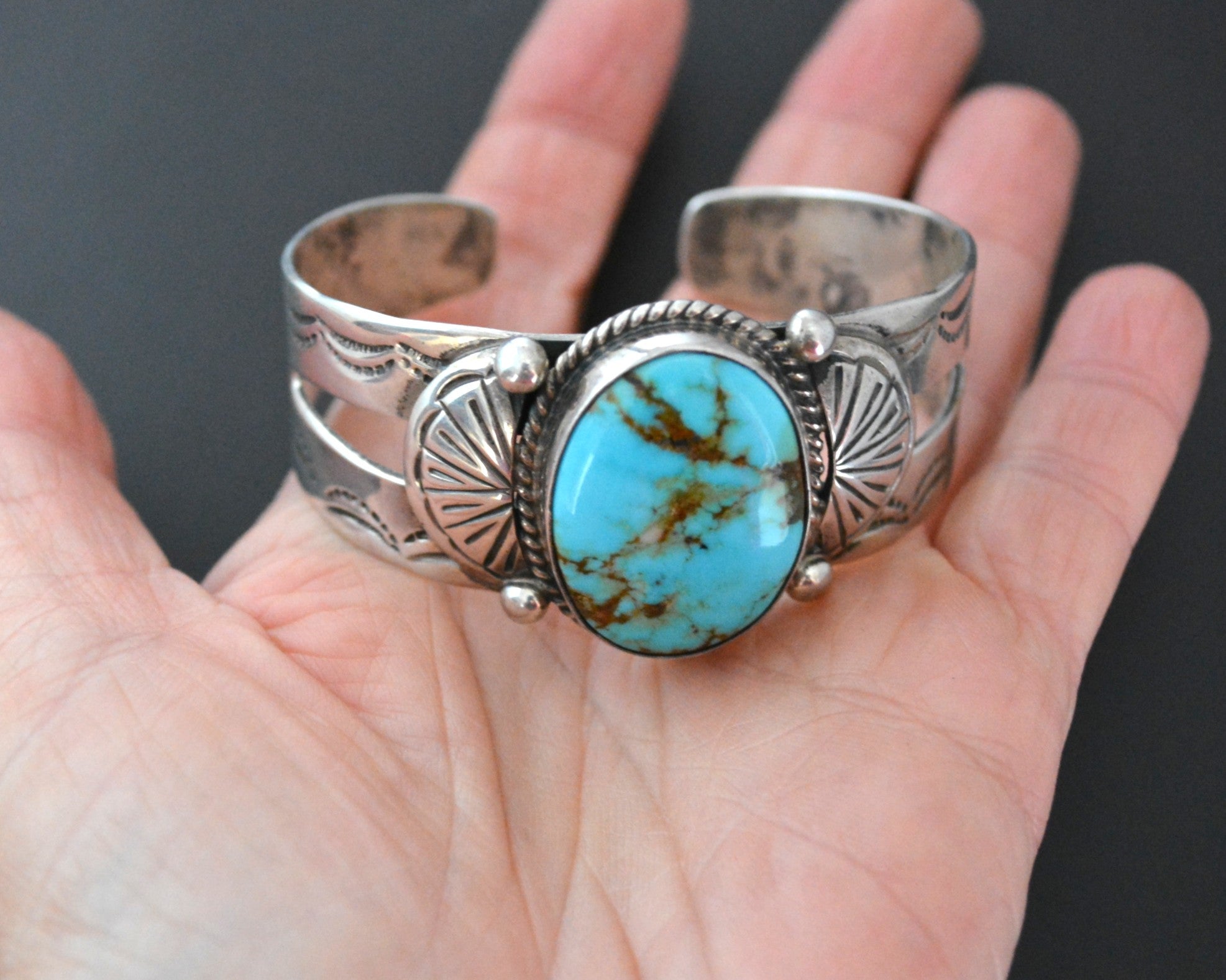 Ethnic Turquoise Cuff Bracelet with Stampings