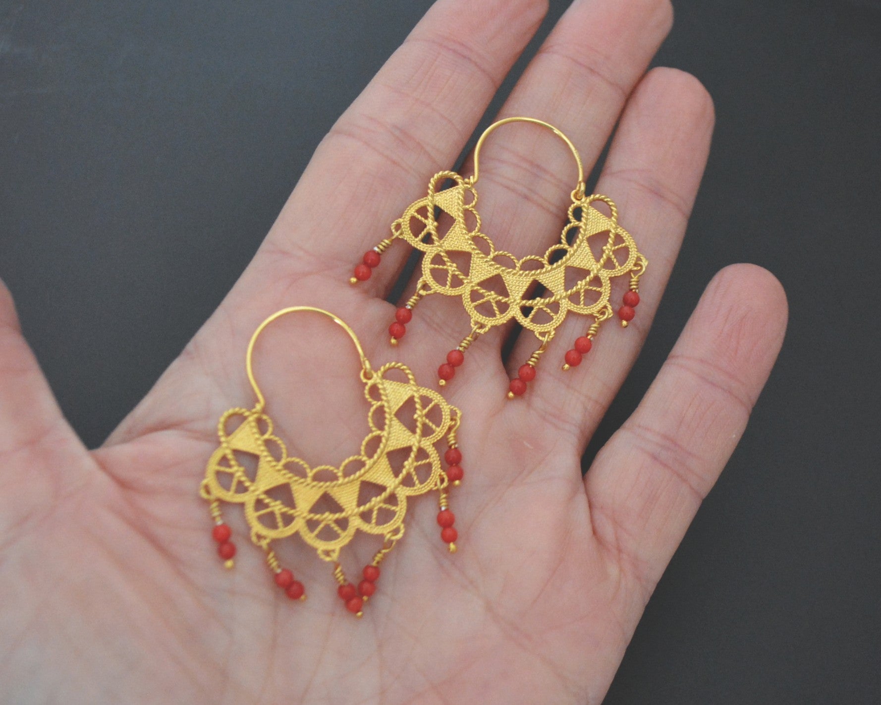 Gilded Filigree Coral Hoop Earrings - Gilded over Sterling