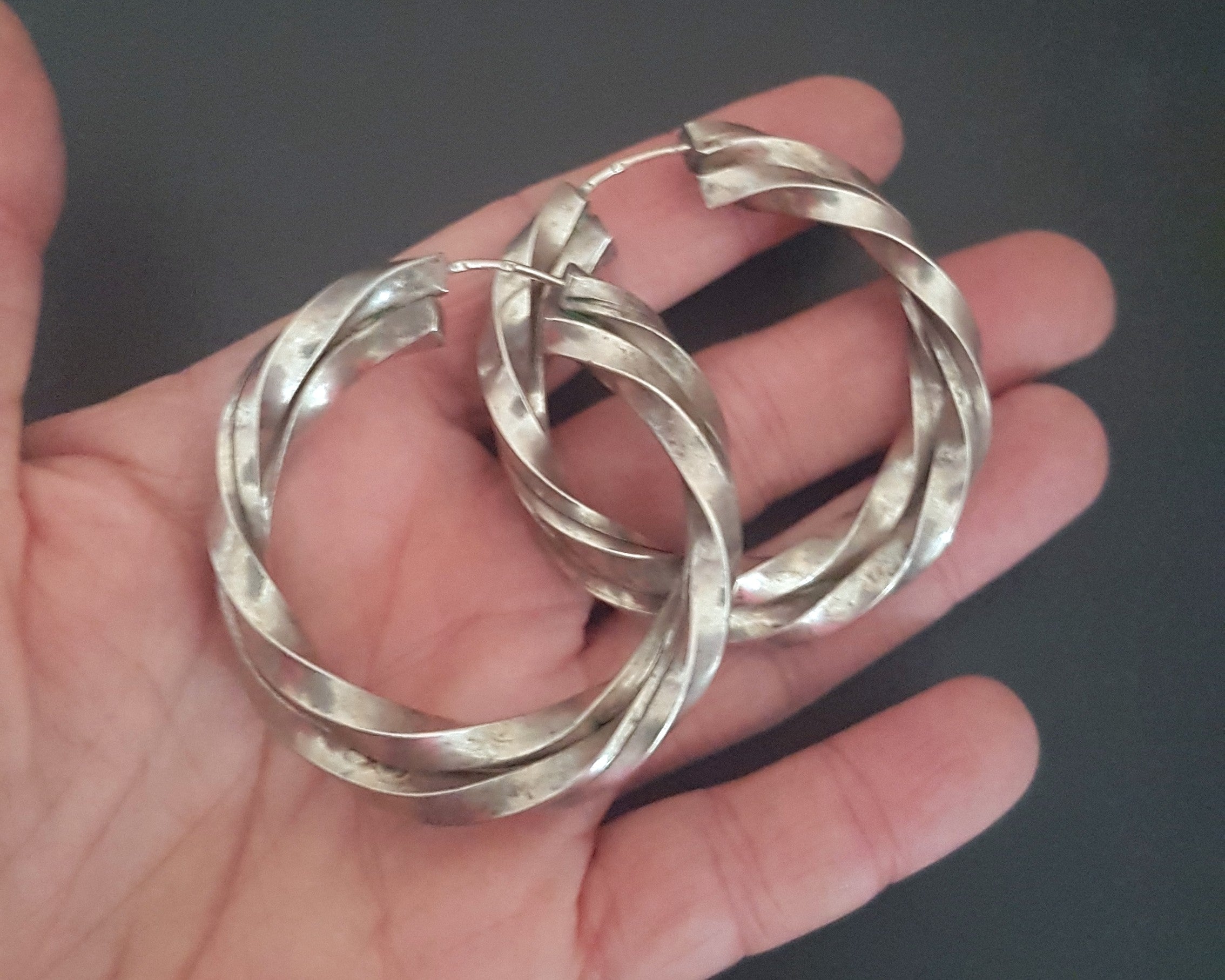 Bold Twisted Silver Hoop Earrings - LARGE