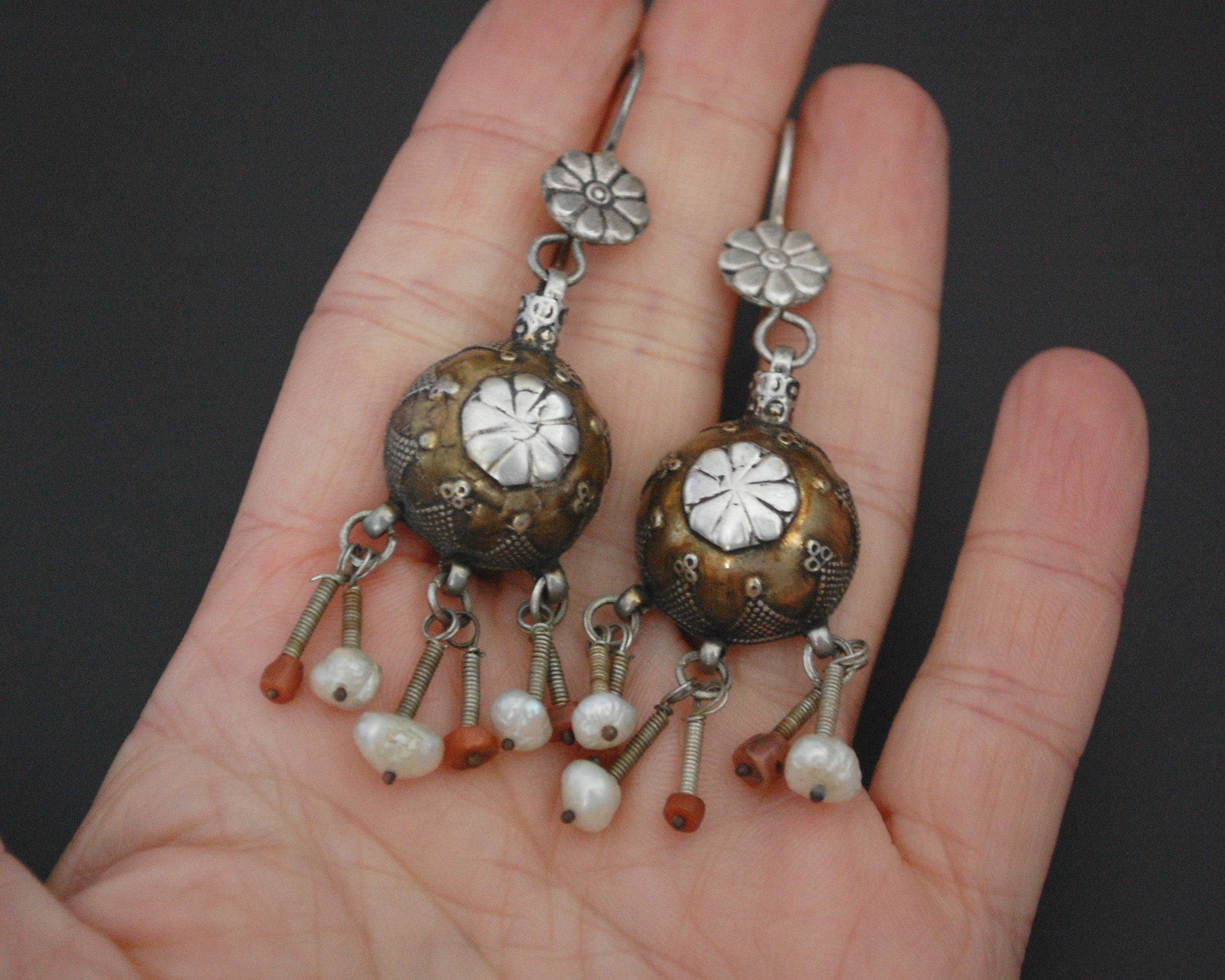 Vintage Kazakh Silver Gilded Earrings with Coral and Pearls