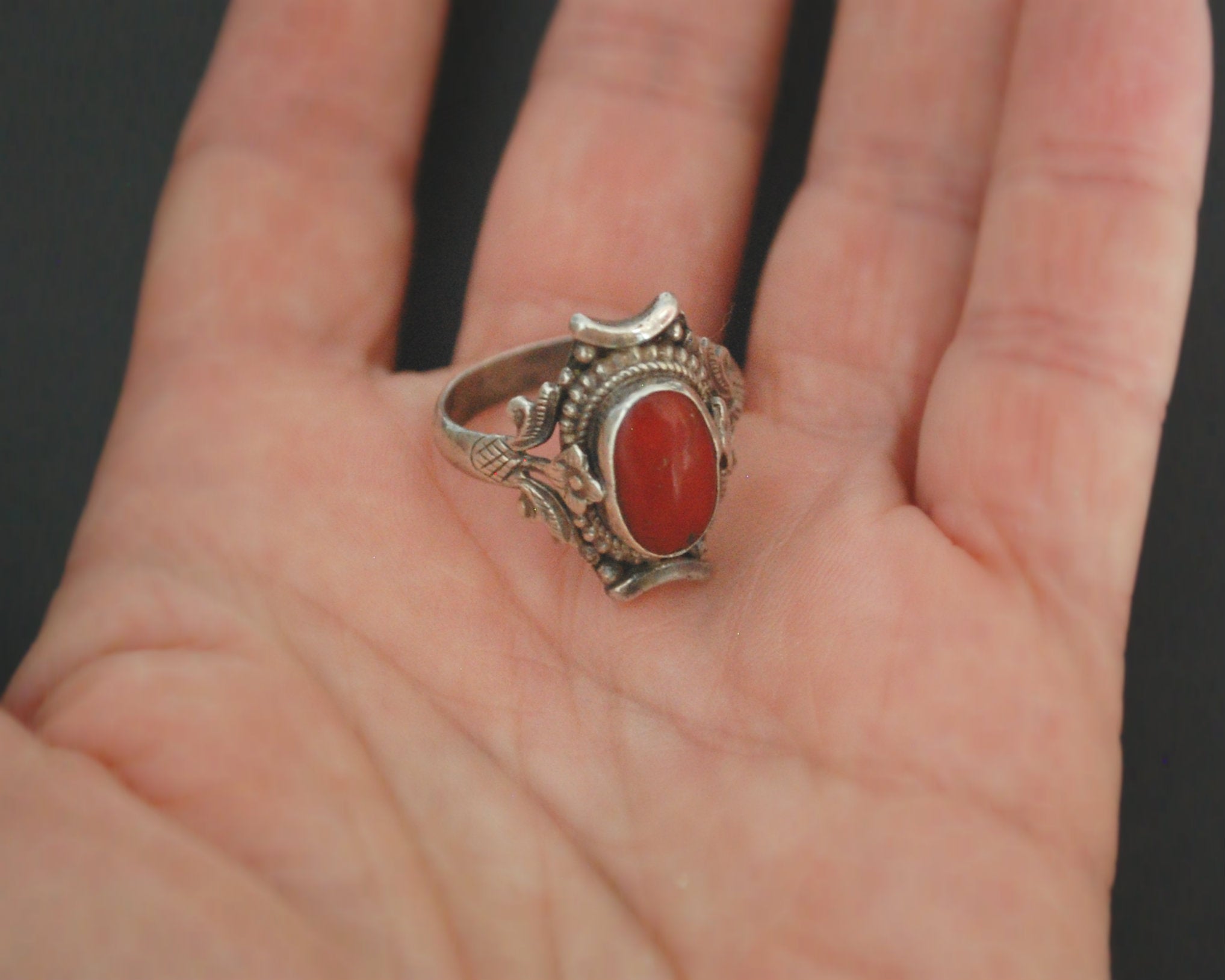 Vintage Nepali Coral Saddle Ring - Size 8