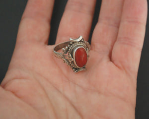 Vintage Nepali Coral Saddle Ring - Size 8