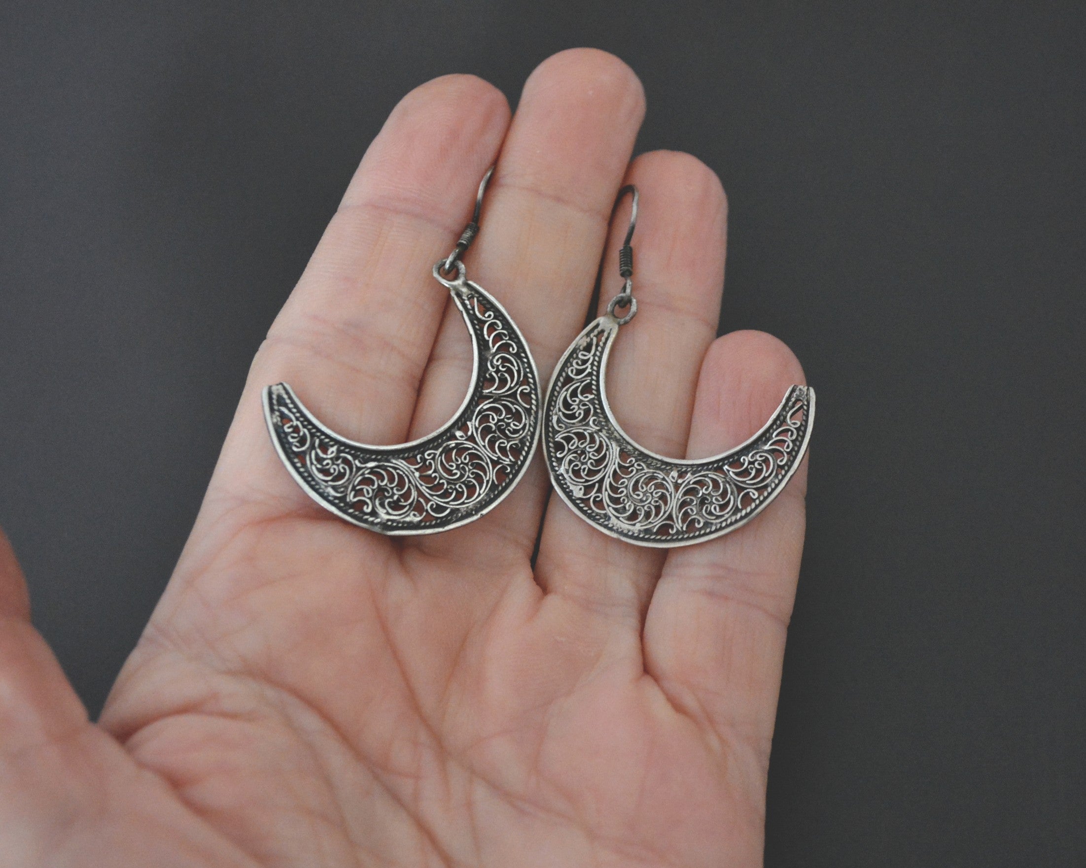 Crescent Moon Dangle Earrings with Filigree Work